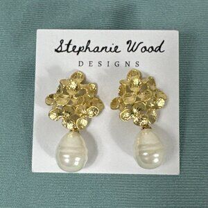 Stephanie Wood‎ Designs Gold Tone Faux Pearl Drop Chunky Earrings New